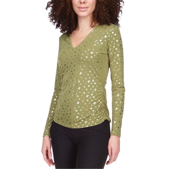 MICHAEL Michael Kors Tops - Michael Michael Kors Womens Olive Green Gold Foil Ruched V-Neck Top Medium